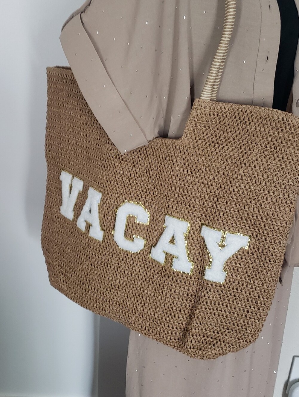Coastal Breeze "VACAY" Woven Straw Tote Bag in Tan